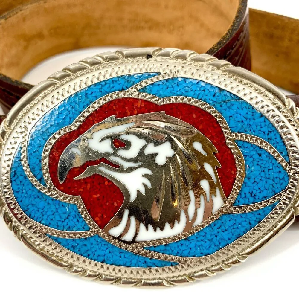 Handcrafted genuine leather southwestern tooled belt w/inlaid stone Eagle Buckle